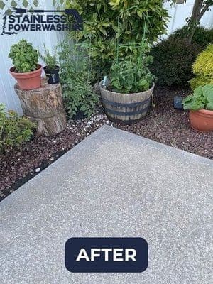 Clean patio after power washing, surrounded by planters and lush greenery.