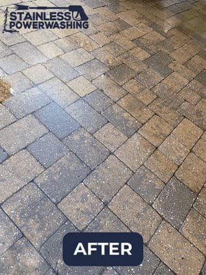 Cleaned and restored paver stones after stainless power washing service.