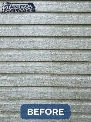 Before power washing image showing dirty, textured siding with visible stains and wear.