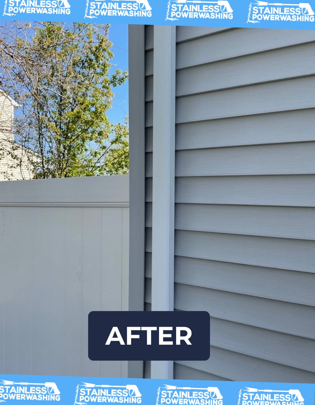 Cleaned siding and fence corner after stainless power washing service, showcasing bright surfaces.