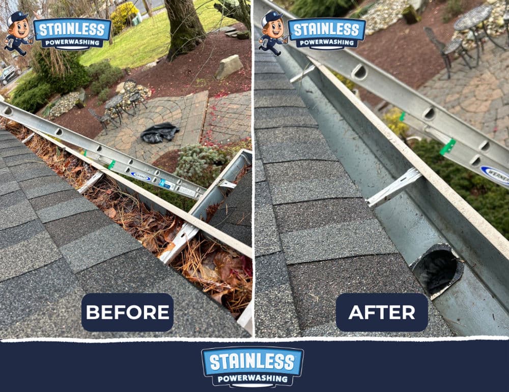 Before and after gutter cleaning showing cleaned gutters free of debris and clogs.